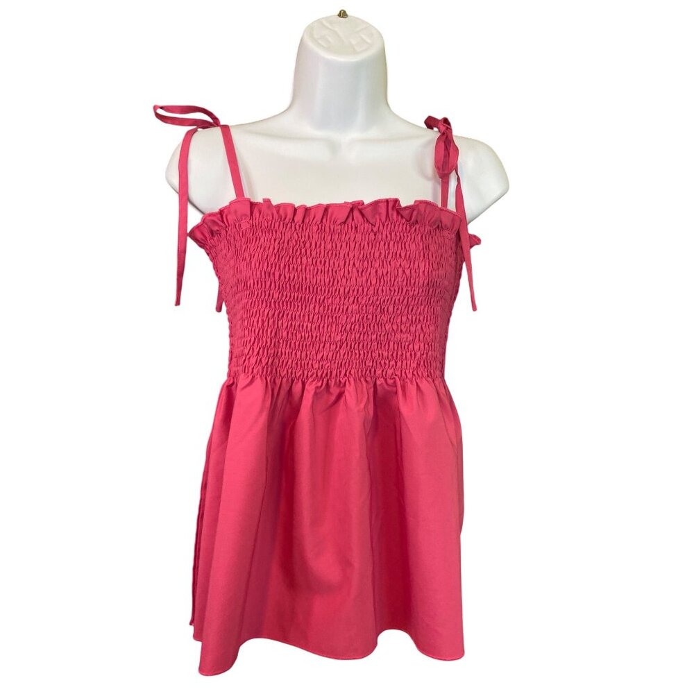 Lyaner Smocked Tank Halter Top Pink Adjustable Tie Straps Boho Y2K